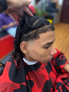 Actual-size detail from cut 01: the curved line-up where the braids meet the temple.